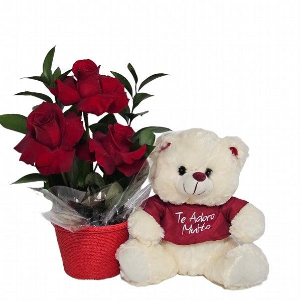 Trio de Rosas Colombianas com Ursinho Adorável - Cestas Company