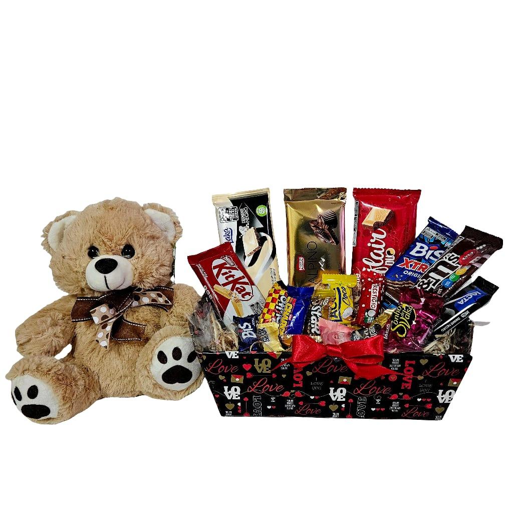 Cesta Carinho com Chocolates e Pelúcia - Cestas Company