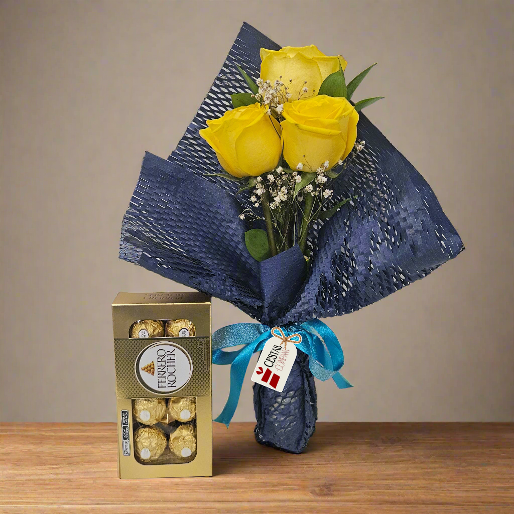 Buquê Trio de Rosas Colombianas Yellow and Blue
