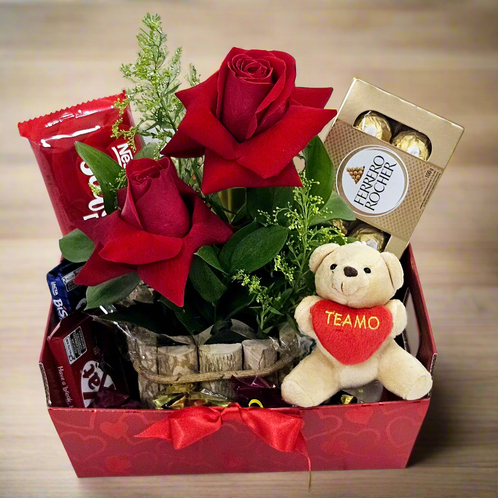 Cesta de San Valentin con Bombones y Vino Rosado