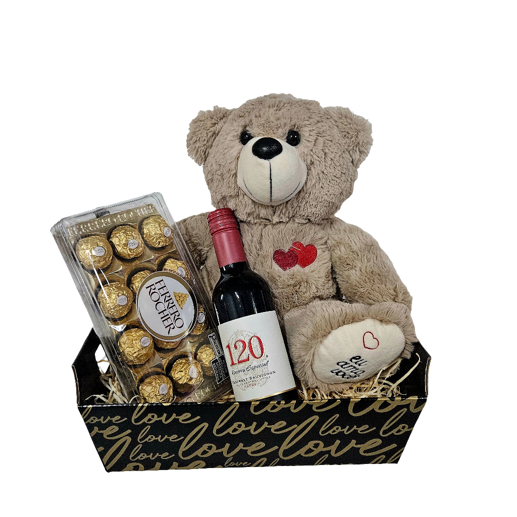 Cesta "Amo Você" com Vinho e Bombons - Cestas Company