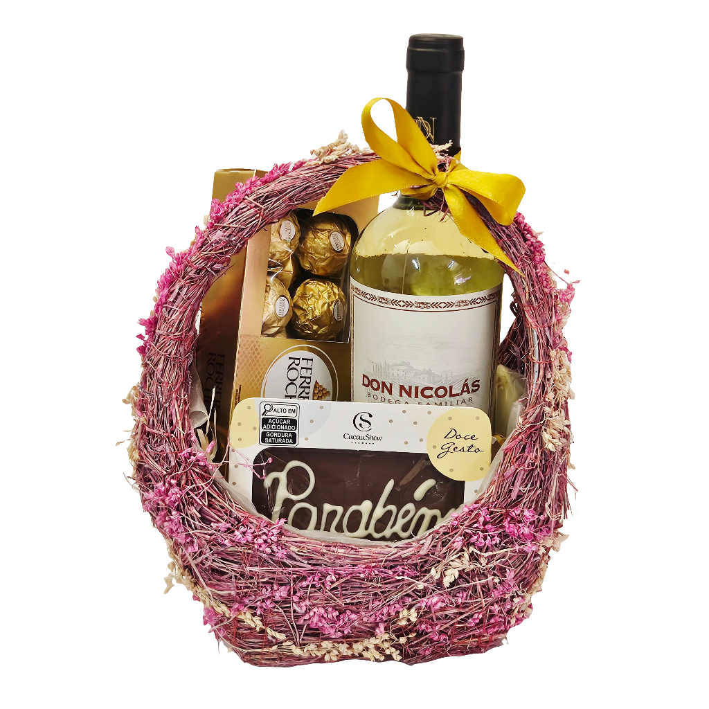 Cesta Floral com Vinhos e Chocolates