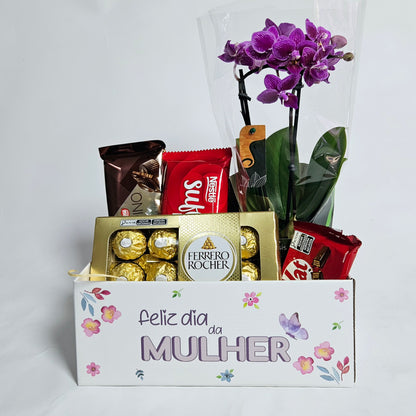 Cesta Feliz Dia da Mulher com Chocolates e Orquídea