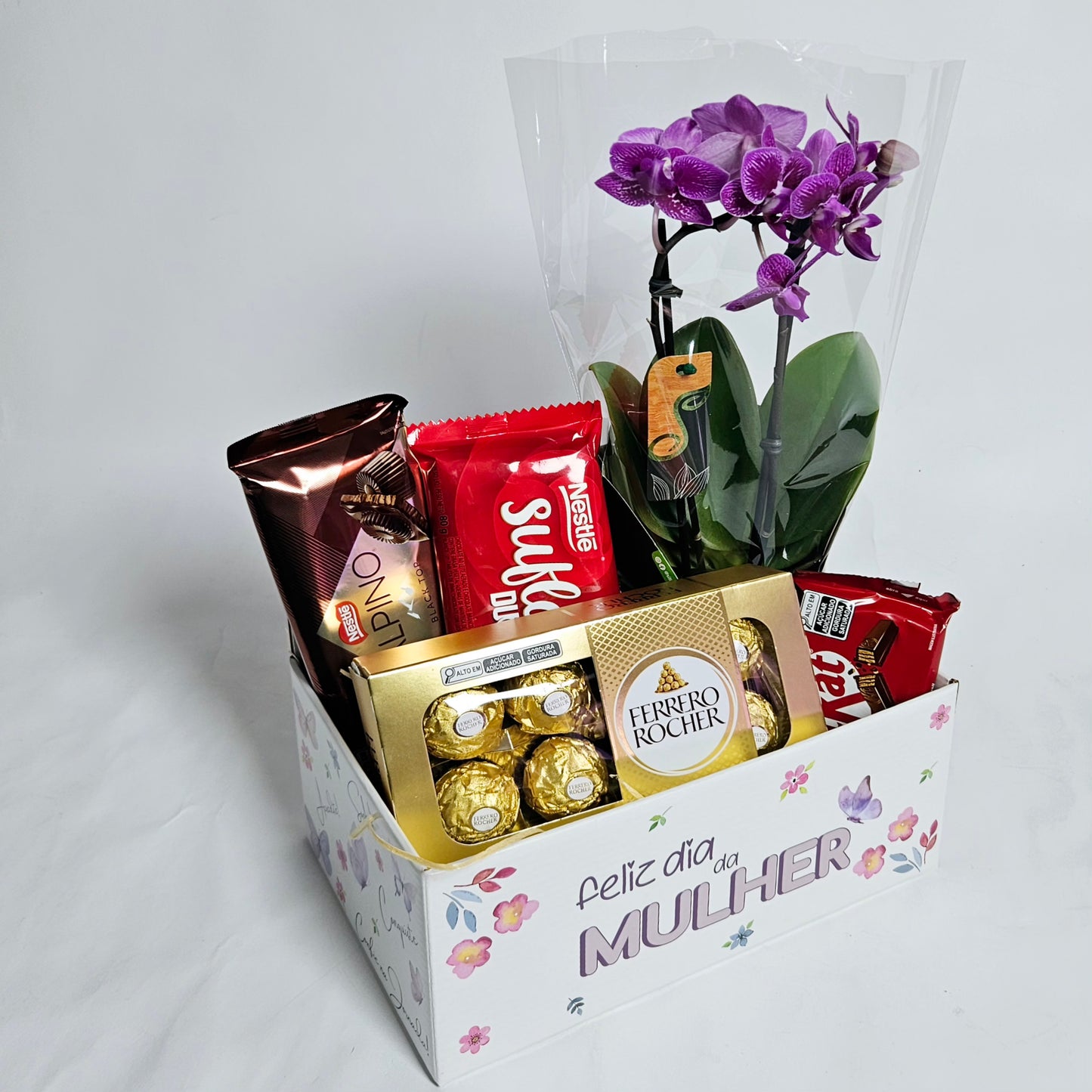 Cesta Feliz Dia da Mulher com Chocolates e Orquídea