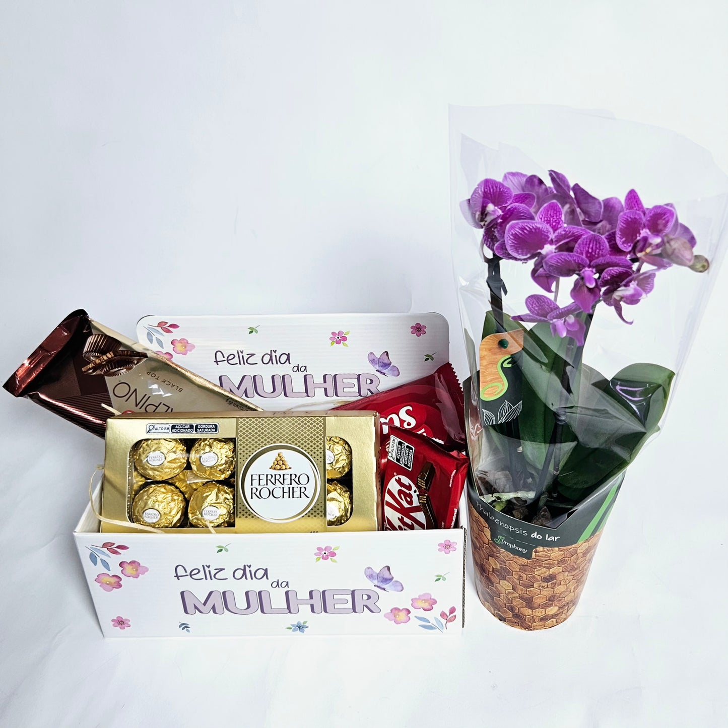 Cesta Feliz Dia da Mulher com Chocolates e Orquídea