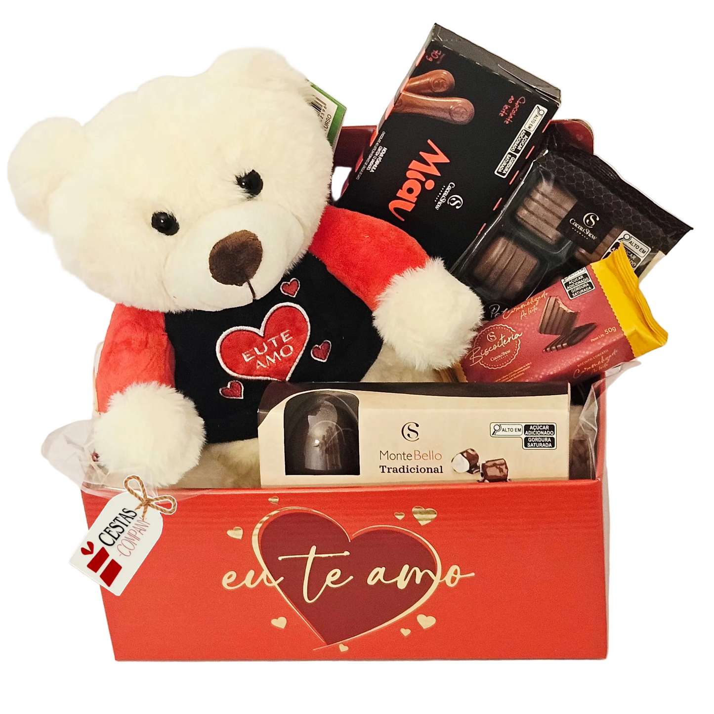 Cesta Love com Ursinho e delícias Cacau Show