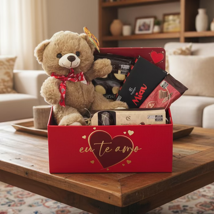 Cesta Love com Ursinho e delícias Cacau Show