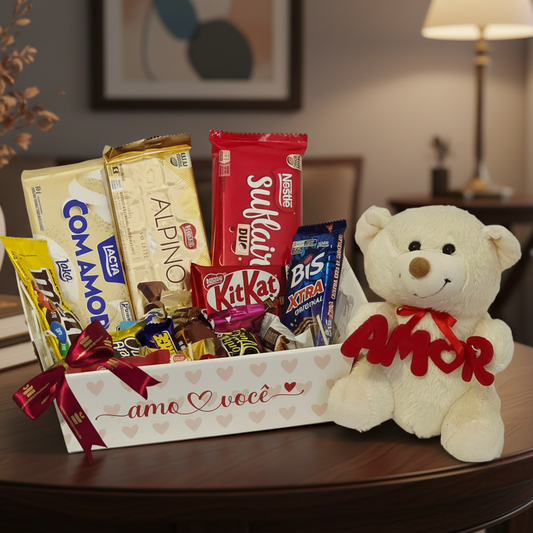Cesta Carinho com Chocolates e Pelúcia