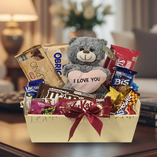 Cesta Carinho com Chocolates e Pelúcia