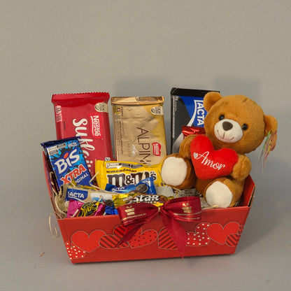 Cesta Carinho com Chocolates e Pelúcia