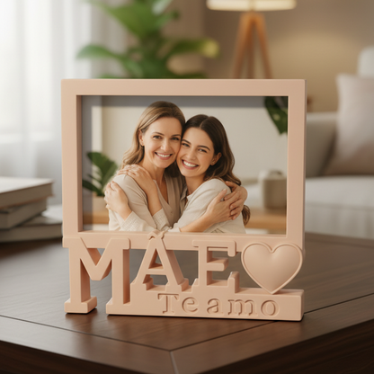 Metallic photo frame with customizable photo.