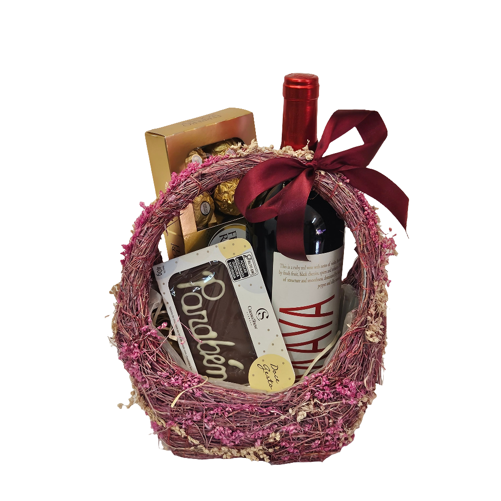 Cesta Floral com Vinhos e Chocolates
