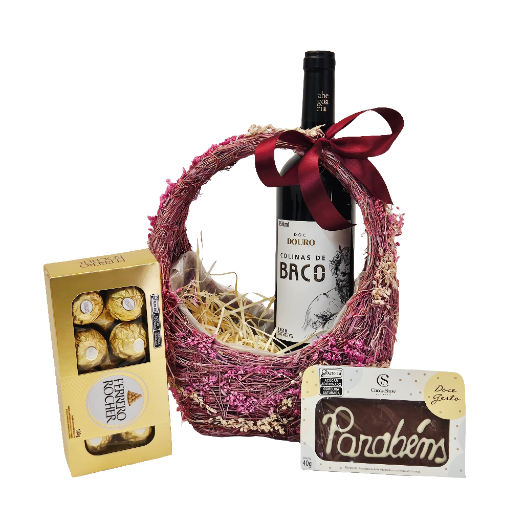Cesta Floral com Vinhos e Chocolates