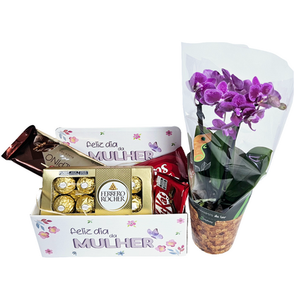 Cesta Feliz Dia da Mulher com Chocolates e Orquídea