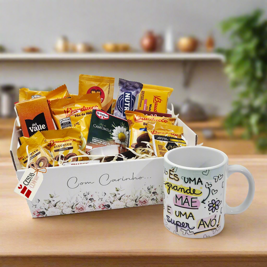 Presente para a vovó: Cesta de Café da Manhã Delicado com Caneca