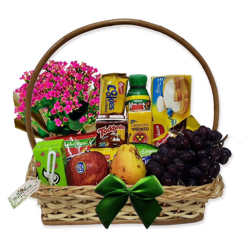 Delicate Breakfast Basket with Flowers and Fruits