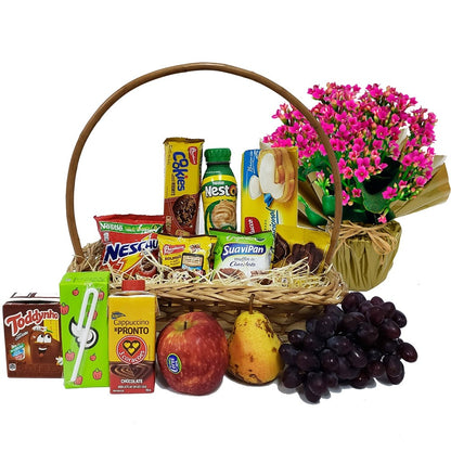 Delicate Breakfast Basket with Flowers and Fruits