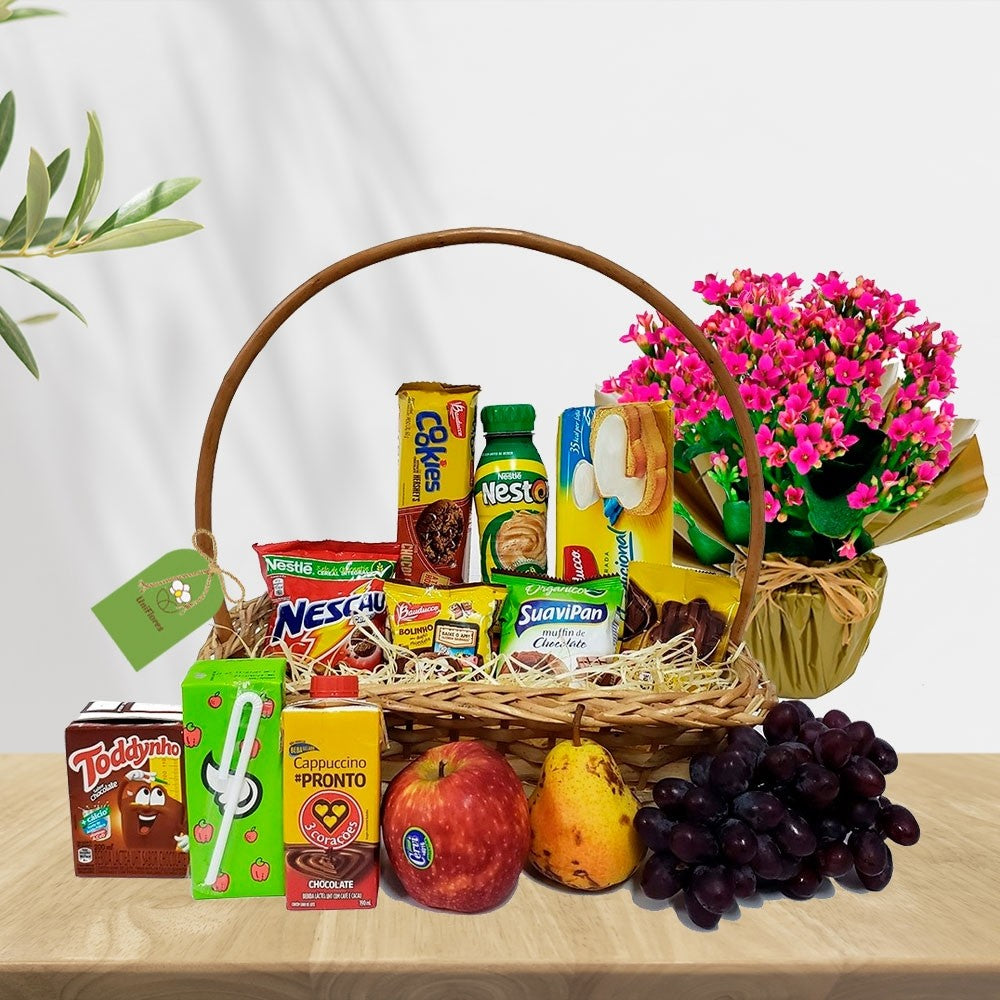 Delicate Breakfast Basket with Flowers and Fruits